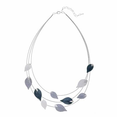 Silver Layered Cable Wire Necklace with Grey Colour Enamel Leaf Station