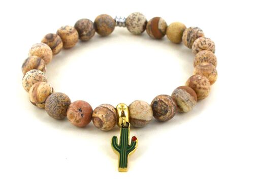 Bracelet en jaspe beige et cactus en acier inoxydable