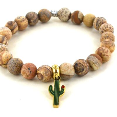 Bracelet en jaspe beige et cactus en acier inoxydable