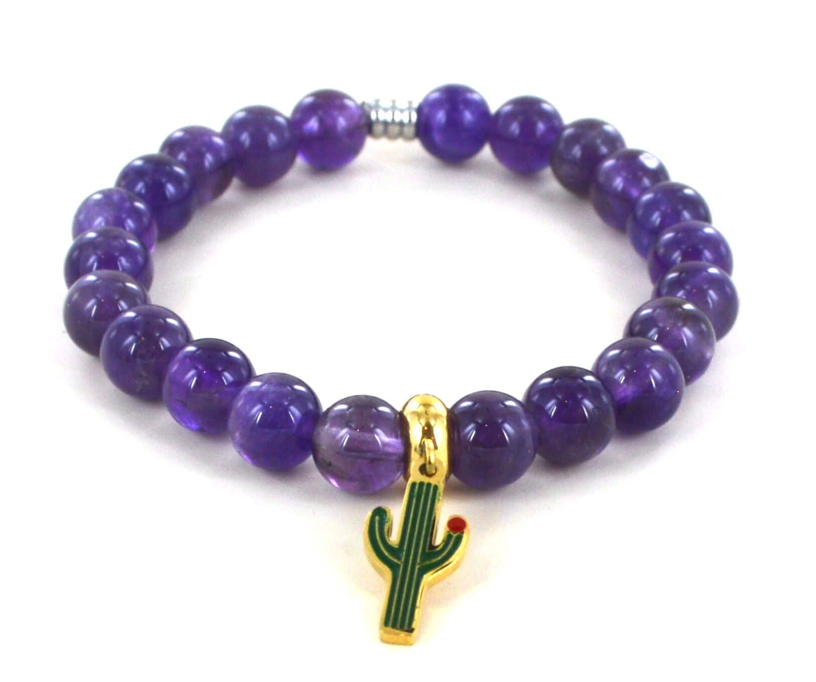 Bracciale con ametista e cactus in acciaio inossidabile