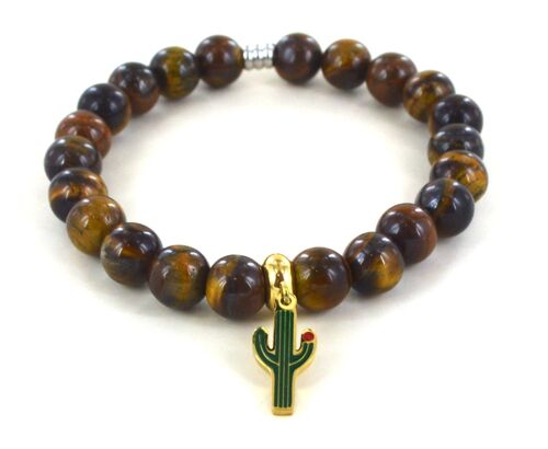 Bracelet en oeil de tigre et cactus en acier inoxydable