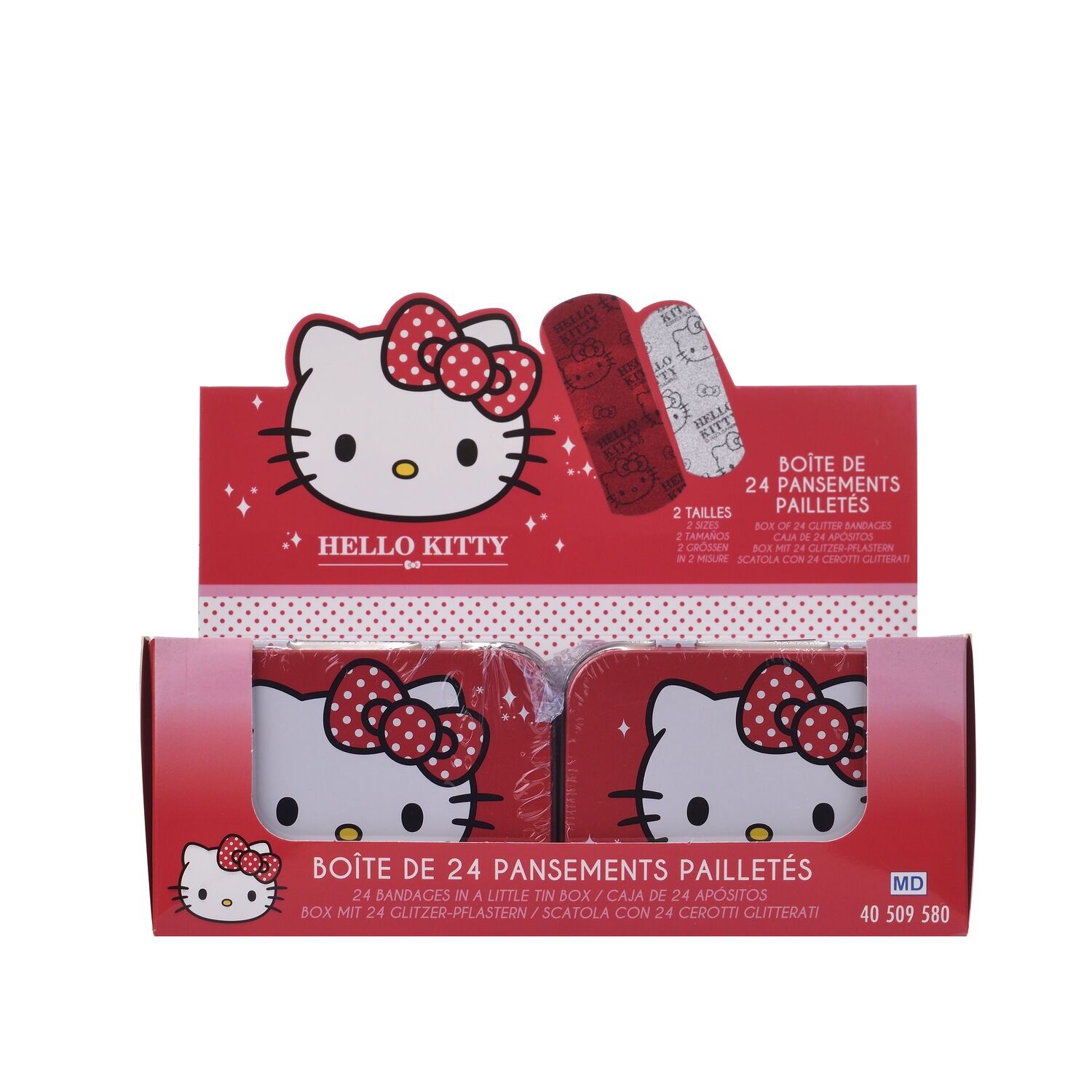 Hello Kitty, Scatola di cerotti in metallo, glitterati, pretagliati, per bambini, Junior, Scatola da 24 cerotti, 10,9 x 8 x A.2 cm, ATTENZIONE