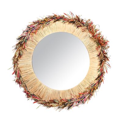 ROUND MIRROR IN NATURAL RAFFIA WITH COLORFUL FRINGES D86CM BELAGA