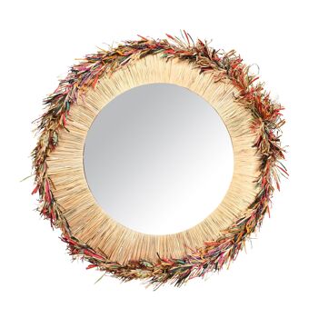 MIROIR ROND EN RAPHIA NATUREL AVEC FRANGES COLORÉES D86CM BELAGA 1