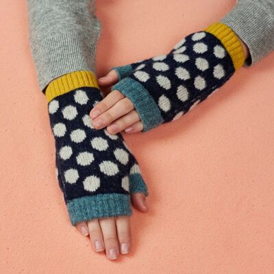 Damen-Handschuhe und Pulswärmer aus Lammwolle. Pulswärmer – Punkt – Marineblau