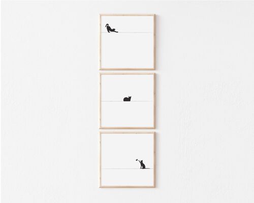 Black cat set of 3- Illustrations Minimalist Print, Wall Art