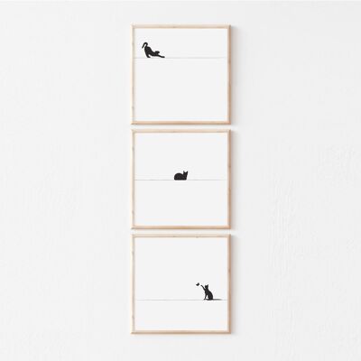 Conjunto de gato negro de 3- Ilustraciones Impresión minimalista, Arte de pared
