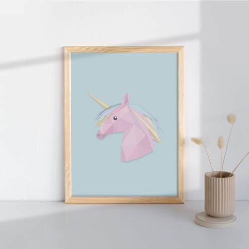 Low Poly Art Unicorn On azure Background Print Geometry Design