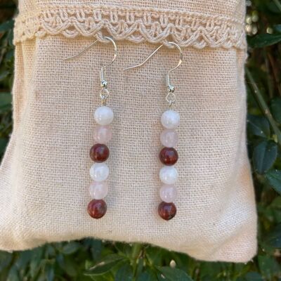 Boucles d'oreilles pendantes en Jaspe Rouge, Pierre de Lune et Quartz Rose, Made in France