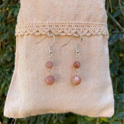 Dangling earrings with 2 balls in natural Sunstone, Made in France