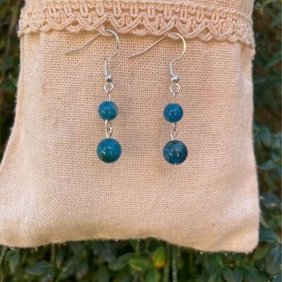 Dangling earrings with 2 balls in natural Apatite, Made in France