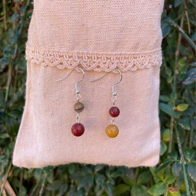Dangling earrings with 2 balls in Mokaite Jasper or natural Mookaite, Made in France