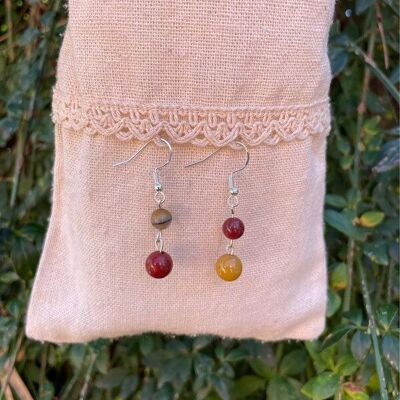 Pendientes colgantes con 2 bolas de Jaspe Mokaite o Mookaite natural, Hechos en Francia