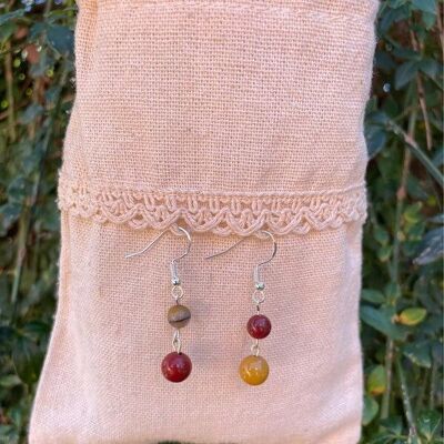 Dangling earrings with 2 balls in Mokaite Jasper or natural Mookaite, Made in France