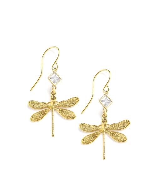 Gold dragonfly and diamond-cut crystal earrings