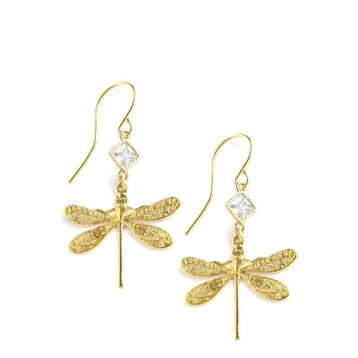 Gold dragonfly and diamond-cut crystal earrings