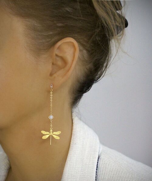 Gold dragonfly and diamond-cut crystal stud earrings