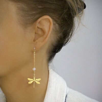 Gold dragonfly and diamond-cut crystal stud earrings