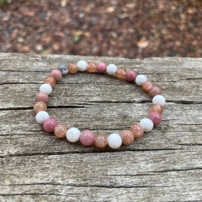 Elastic Lithotherapy Bracelet in Rhodochrosite, Sunstone and White Howlite, Made in France