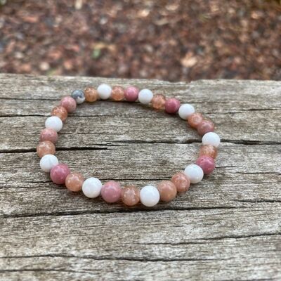 Elastic Lithotherapy Bracelet in Rhodochrosite, Sunstone and White Howlite, Made in France