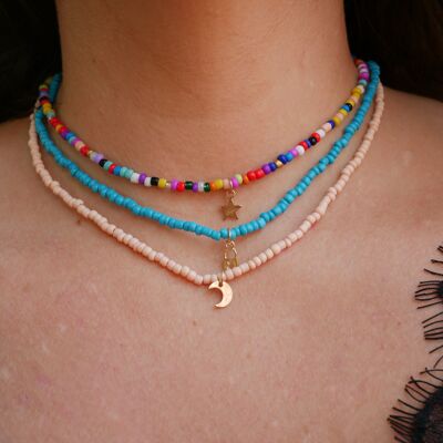 Ensemble de 3 colliers en perles de rocaille Turquoise, multicolore et rose