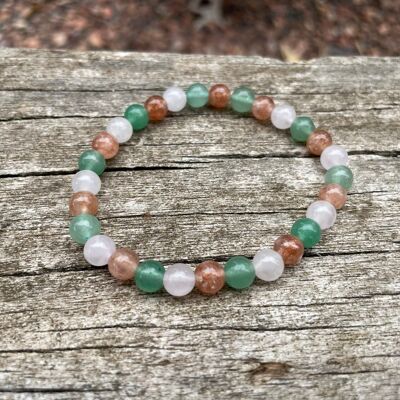 Bracelet de Lithothérapie en Aventurine verte, Quartz Rose et Pierre du Soleil, Made in France