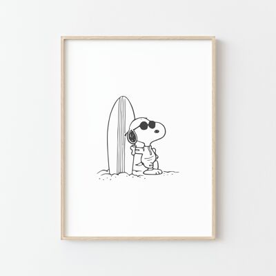 Póster Snoopy Surfer en blanco y negro