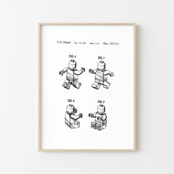 Affiche de brevet Lego vintage en noir et blanc