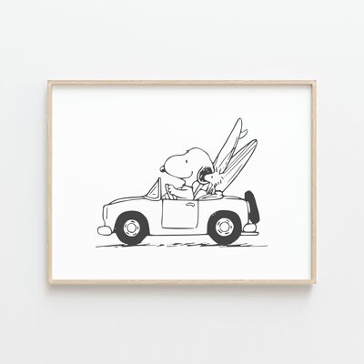 Póster “Snoopy Roadtrip”: una decoración en blanco y negro de Snoopy