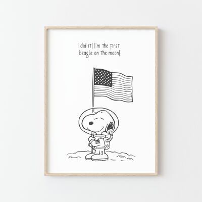 Snoopy on the Moon poster - A humorous decor in black and white