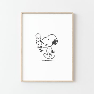 Affiche Snoopy mangeant de la glace - Noir & Blanc