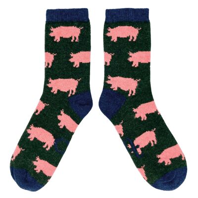Calcetines tobilleros de lana de cordero para mujer - cerdos - verde oscuro