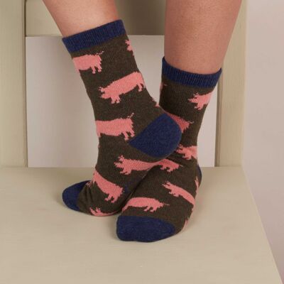 Damensocken aus Lammwolle – Schweinchen – Dunkelgrün