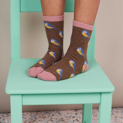 Women's Lambswool Ankle Socks - bluetits - soft brown