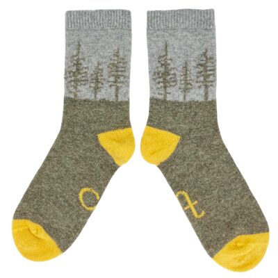 Calzini alla caviglia in lana d'agnello da donna - foresta - verde/giallo
