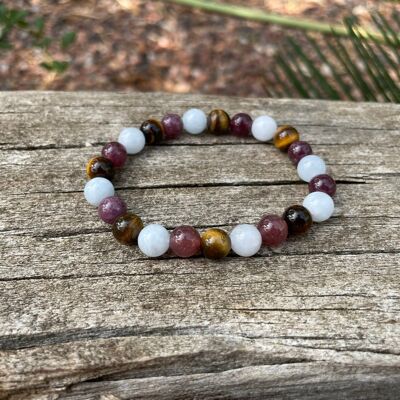Elastic Lithotherapy Bracelet "Triple Protection" Tiger's Eye, Aquamarine and Lepidolite, Made in France