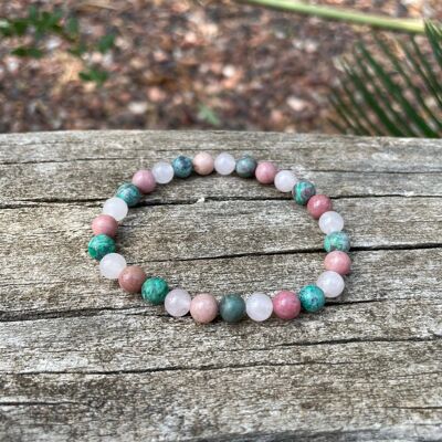 Triple protection elastic bracelet of Lithotherapy Rose Quartz, African Turquoise and rhodochrosite, Made in France