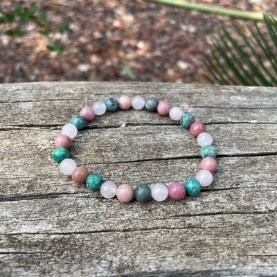 Bracelet élastique Triple protection de Lithothérapie Quartz Rose, Turquoise Africaine et rhodochrosite, Made in France