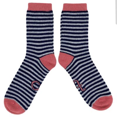 Women's Lambswool Ankle Socks - stripe - navy blue