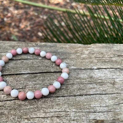 Elastic Lithotherapy Bracelet in Rhodochrosite and White Howlite, Made in France