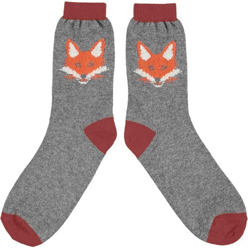 Men's Lambswool Ankle Socks - fox face - grey/red