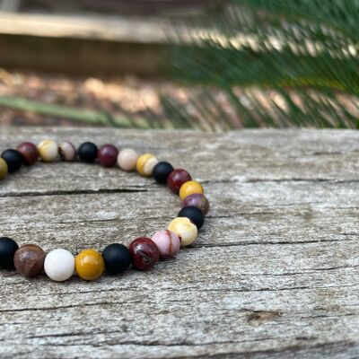 Lithotherapy elastic bracelet in Mokaïte or Mookaite Jasper and black Agate, Made in France