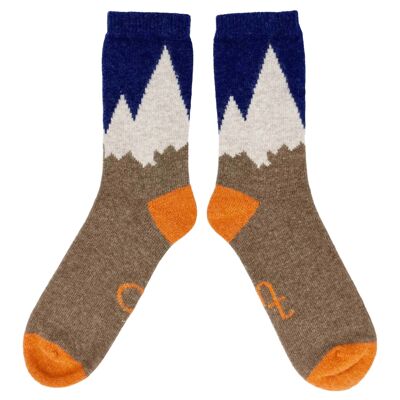 Calzini alla caviglia in lana d'agnello da uomo - montagne - blu scuro/arancione