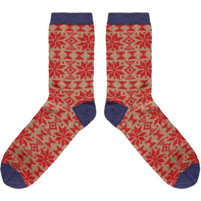 Herrensocken aus Lammwolle – Fair Isle – Rot