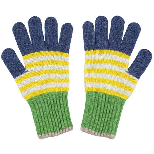 Kids' Patterned Lambswool Gloves - STRIPE - navy blue/electric yellow