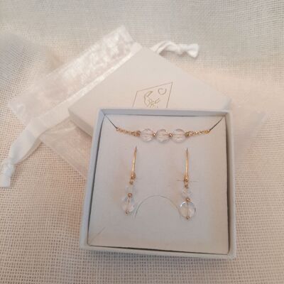 Coffret Boucles d'Oreilles et Bracelet en Argent 925 Doré et Cristal de Roche