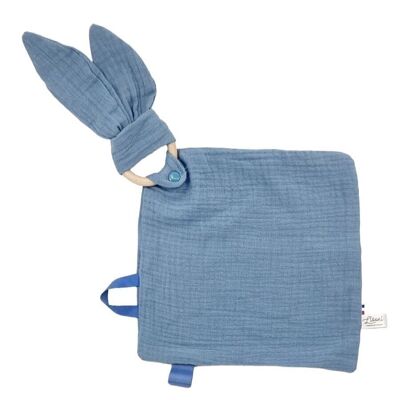 Doudou lange 2 en 1 lapin et anneau de dentition Bleu Jean Made in France