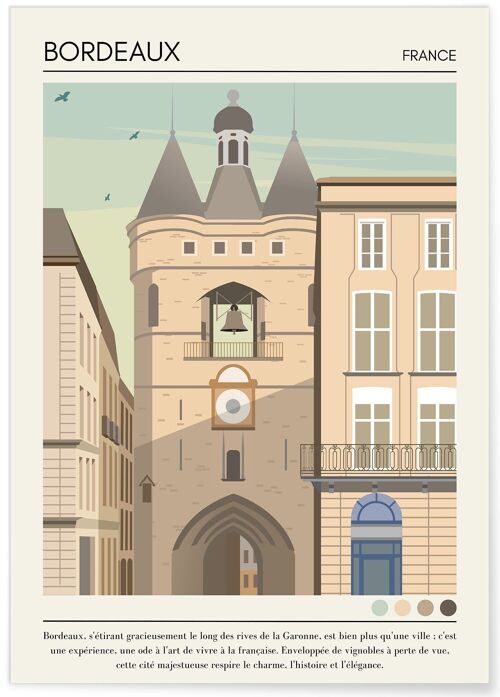 Affiche illustration de la ville de Bordeaux Vintage