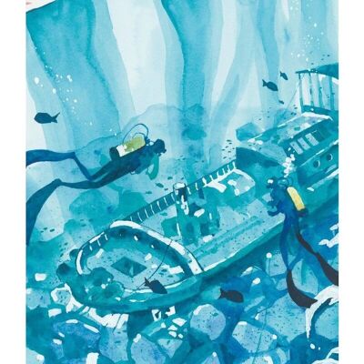 Watercolor Poster - Wreck diving