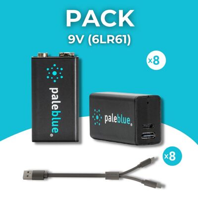 PACK - PILES RECHARGEABLES USB 9V / 6LR61 TYPE C - 8 pièces